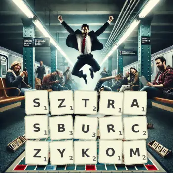 Kreatywna ilustracja do gry w Scrabble ze słowem SZTRASBURCZYKOM ułożonym z płytek na planszy.