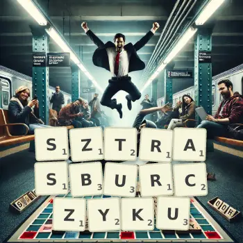 Kreatywna ilustracja do gry w Scrabble ze słowem SZTRASBURCZYKU ułożonym z płytek na planszy.