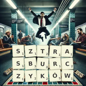 Kreatywna ilustracja do gry w Scrabble ze słowem SZTRASBURCZYKÓW ułożonym z płytek na planszy.