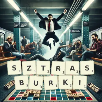 Kreatywna ilustracja do gry w Scrabble ze słowem SZTRASBURKI ułożonym z płytek na planszy.