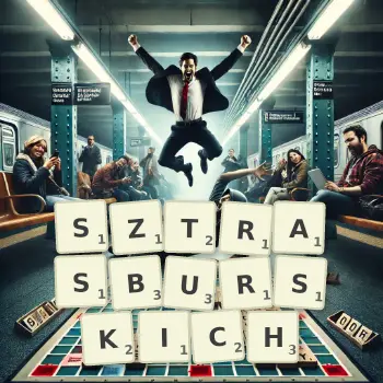 Kreatywna ilustracja do gry w Scrabble ze słowem SZTRASBURSKICH ułożonym z płytek na planszy.