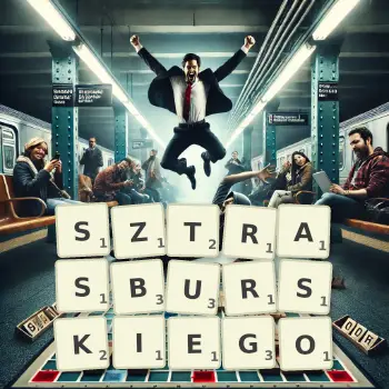Kreatywna ilustracja do gry w Scrabble ze słowem SZTRASBURSKIEGO ułożonym z płytek na planszy.