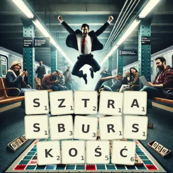 Kreatywna ilustracja do gry w Scrabble ze słowem SZTRASBURSKOŚĆ ułożonym z płytek na planszy.