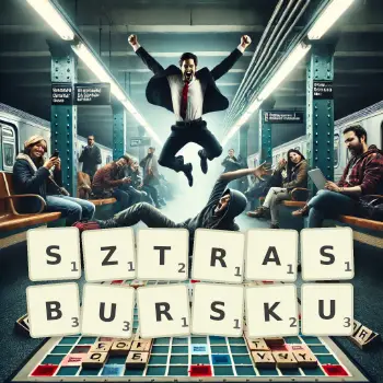 Kreatywna ilustracja do gry w Scrabble ze słowem SZTRASBURSKU ułożonym z płytek na planszy.