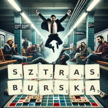 Kreatywna ilustracja do gry w Scrabble ze słowem SZTRASBURSKĄ ułożonym z płytek na planszy.