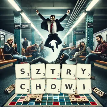 Kreatywna ilustracja do gry w Scrabble ze słowem SZTRYCHOWI ułożonym z płytek na planszy.