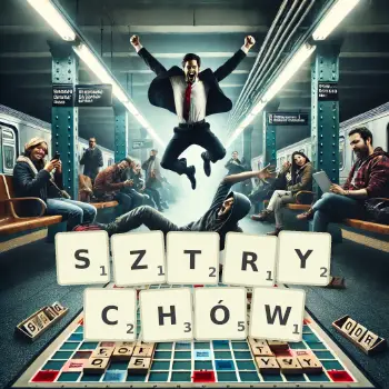 Kreatywna ilustracja do gry w Scrabble ze słowem SZTRYCHÓW ułożonym z płytek na planszy.