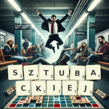 Kreatywna ilustracja do gry w Scrabble ze słowem SZTUBACKIEJ ułożonym z płytek na planszy.