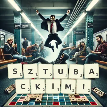 Kreatywna ilustracja do gry w Scrabble ze słowem SZTUBACKIMI ułożonym z płytek na planszy.