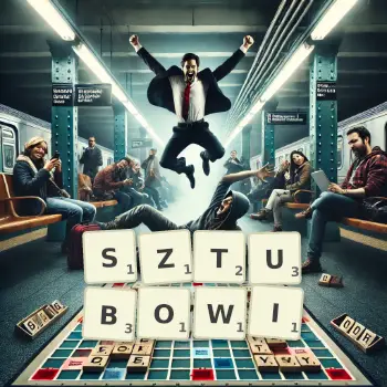 Kreatywna ilustracja do gry w Scrabble ze słowem SZTUBOWI ułożonym z płytek na planszy.