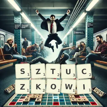 Kreatywna ilustracja do gry w Scrabble ze słowem SZTUCZKOWI ułożonym z płytek na planszy.