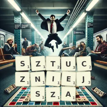 Kreatywna ilustracja do gry w Scrabble ze słowem SZTUCZNIEJSZA ułożonym z płytek na planszy.