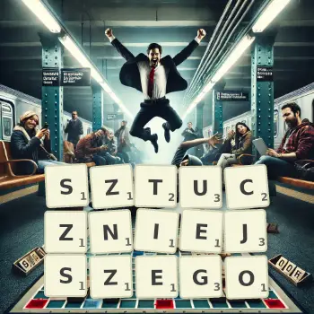 Kreatywna ilustracja do gry w Scrabble ze słowem SZTUCZNIEJSZEGO ułożonym z płytek na planszy.