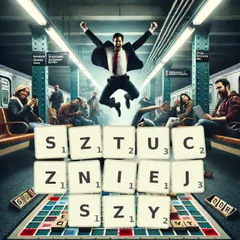 Kreatywna ilustracja do gry w Scrabble ze słowem SZTUCZNIEJSZY ułożonym z płytek na planszy.
