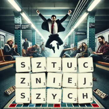 Kreatywna ilustracja do gry w Scrabble ze słowem SZTUCZNIEJSZYCH ułożonym z płytek na planszy.