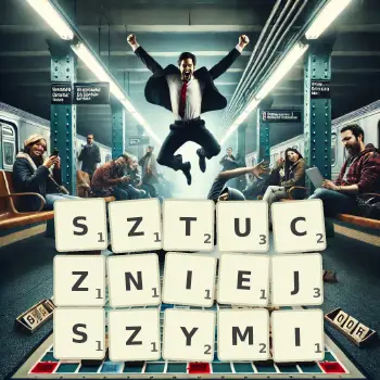 Kreatywna ilustracja do gry w Scrabble ze słowem SZTUCZNIEJSZYMI ułożonym z płytek na planszy.