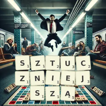 Kreatywna ilustracja do gry w Scrabble ze słowem SZTUCZNIEJSZĄ ułożonym z płytek na planszy.