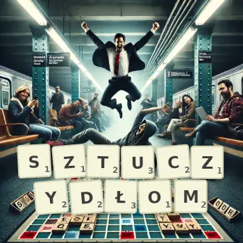 Kreatywna ilustracja do gry w Scrabble ze słowem SZTUCZYDŁOM ułożonym z płytek na planszy.