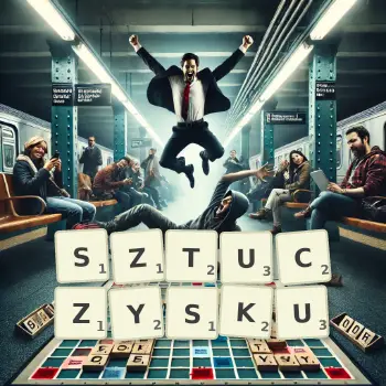 Kreatywna ilustracja do gry w Scrabble ze słowem SZTUCZYSKU ułożonym z płytek na planszy.
