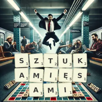 Kreatywna ilustracja do gry w Scrabble ze słowem SZTUKAMIĘSAMI ułożonym z płytek na planszy.