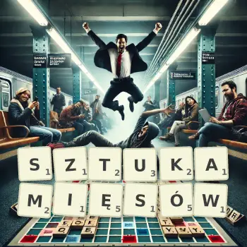 Kreatywna ilustracja do gry w Scrabble ze słowem SZTUKAMIĘSÓW ułożonym z płytek na planszy.