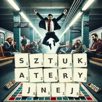 Kreatywna ilustracja do gry w Scrabble ze słowem SZTUKATERYJNEJ ułożonym z płytek na planszy.