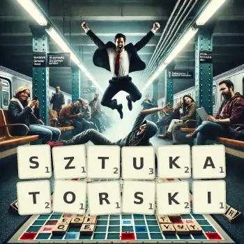 Kreatywna ilustracja do gry w Scrabble ze słowem SZTUKATORSKI ułożonym z płytek na planszy.