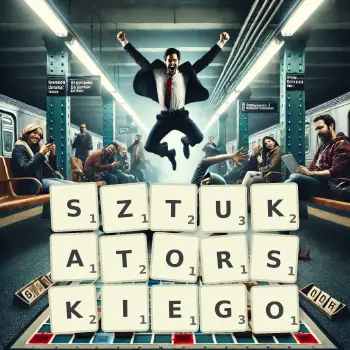 Kreatywna ilustracja do gry w Scrabble ze słowem SZTUKATORSKIEGO ułożonym z płytek na planszy.