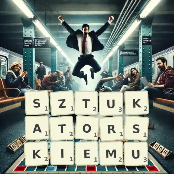Kreatywna ilustracja do gry w Scrabble ze słowem SZTUKATORSKIEMU ułożonym z płytek na planszy.