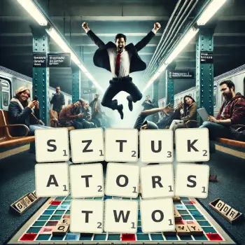 Kreatywna ilustracja do gry w Scrabble ze słowem SZTUKATORSTWO ułożonym z płytek na planszy.