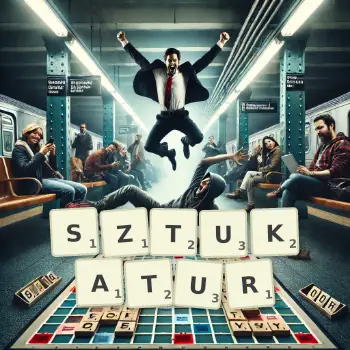 Kreatywna ilustracja do gry w Scrabble ze słowem SZTUKATUR ułożonym z płytek na planszy.