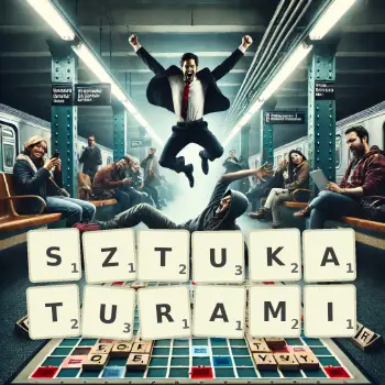 Kreatywna ilustracja do gry w Scrabble ze słowem SZTUKATURAMI ułożonym z płytek na planszy.