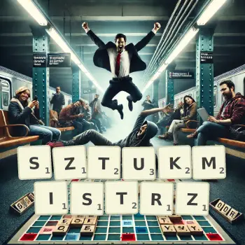 Kreatywna ilustracja do gry w Scrabble ze słowem SZTUKMISTRZ ułożonym z płytek na planszy.