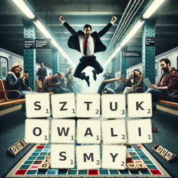 Kreatywna ilustracja do gry w Scrabble ze słowem SZTUKOWALISMY ułożonym z płytek na planszy.
