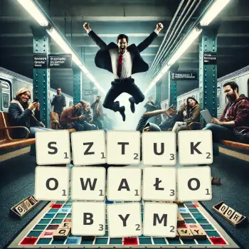 Kreatywna ilustracja do gry w Scrabble ze słowem SZTUKOWAŁOBYM ułożonym z płytek na planszy.