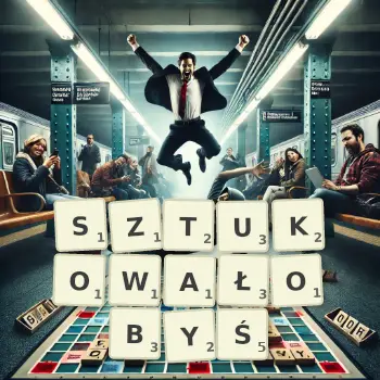 Kreatywna ilustracja do gry w Scrabble ze słowem SZTUKOWAŁOBYŚ ułożonym z płytek na planszy.