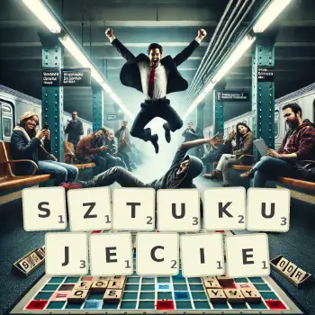 Kreatywna ilustracja do gry w Scrabble ze słowem SZTUKUJECIE ułożonym z płytek na planszy.