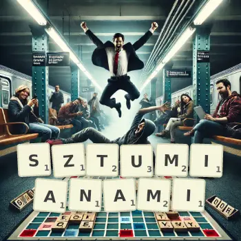 Kreatywna ilustracja do gry w Scrabble ze słowem SZTUMIANAMI ułożonym z płytek na planszy.