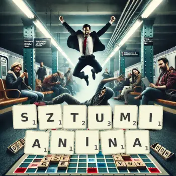 Kreatywna ilustracja do gry w Scrabble ze słowem SZTUMIANINA ułożonym z płytek na planszy.