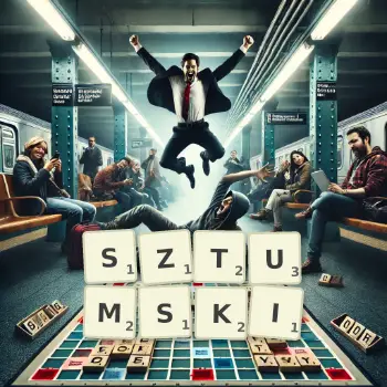 Kreatywna ilustracja do gry w Scrabble ze słowem SZTUMSKI ułożonym z płytek na planszy.