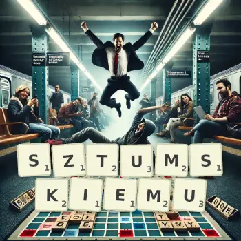 Kreatywna ilustracja do gry w Scrabble ze słowem SZTUMSKIEMU ułożonym z płytek na planszy.