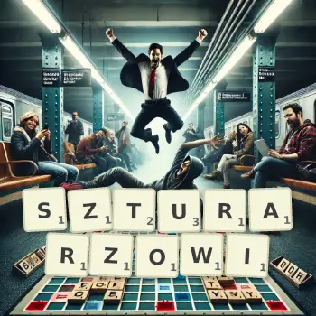 Kreatywna ilustracja do gry w Scrabble ze słowem SZTURARZOWI ułożonym z płytek na planszy.