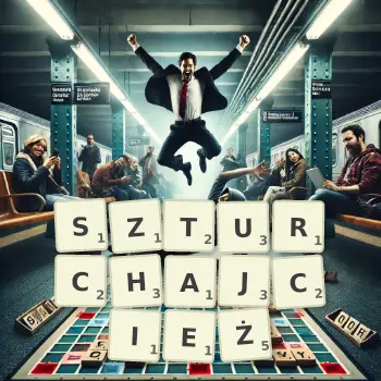 Kreatywna ilustracja do gry w Scrabble ze słowem SZTURCHAJCIEŻ ułożonym z płytek na planszy.