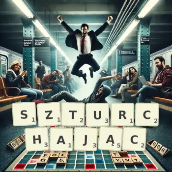 Kreatywna ilustracja do gry w Scrabble ze słowem SZTURCHAJĄC ułożonym z płytek na planszy.