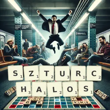 Kreatywna ilustracja do gry w Scrabble ze słowem SZTURCHALOS ułożonym z płytek na planszy.