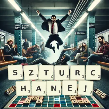 Kreatywna ilustracja do gry w Scrabble ze słowem SZTURCHANEJ ułożonym z płytek na planszy.