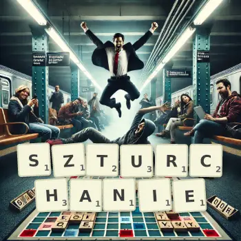 Kreatywna ilustracja do gry w Scrabble ze słowem SZTURCHANIE ułożonym z płytek na planszy.