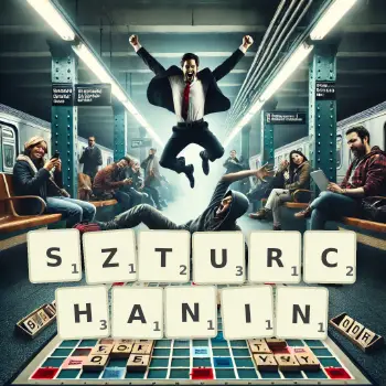 Kreatywna ilustracja do gry w Scrabble ze słowem SZTURCHANIN ułożonym z płytek na planszy.