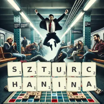 Kreatywna ilustracja do gry w Scrabble ze słowem SZTURCHANINA ułożonym z płytek na planszy.
