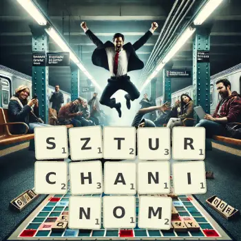 Kreatywna ilustracja do gry w Scrabble ze słowem SZTURCHANINOM ułożonym z płytek na planszy.
